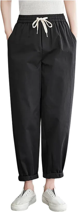 Womens Trendy Linen Pants 2025 Summer Elastic High Waist Pants Lightweight Casual Drawstring Beach Lounge Trousers