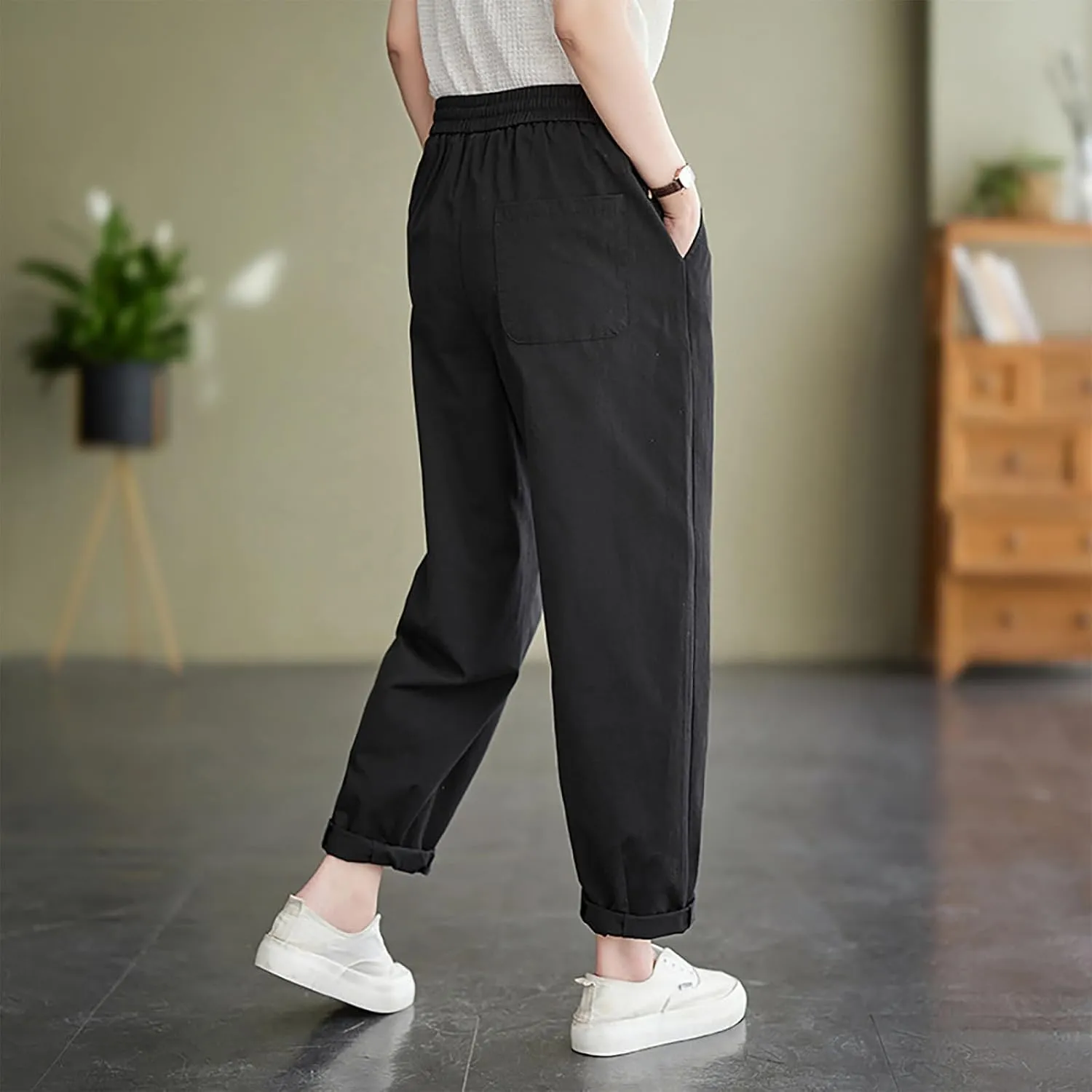 Womens Trendy Linen Pants 2025 Summer Elastic High Waist Pants Lightweight Casual Drawstring Beach Lounge Trousers