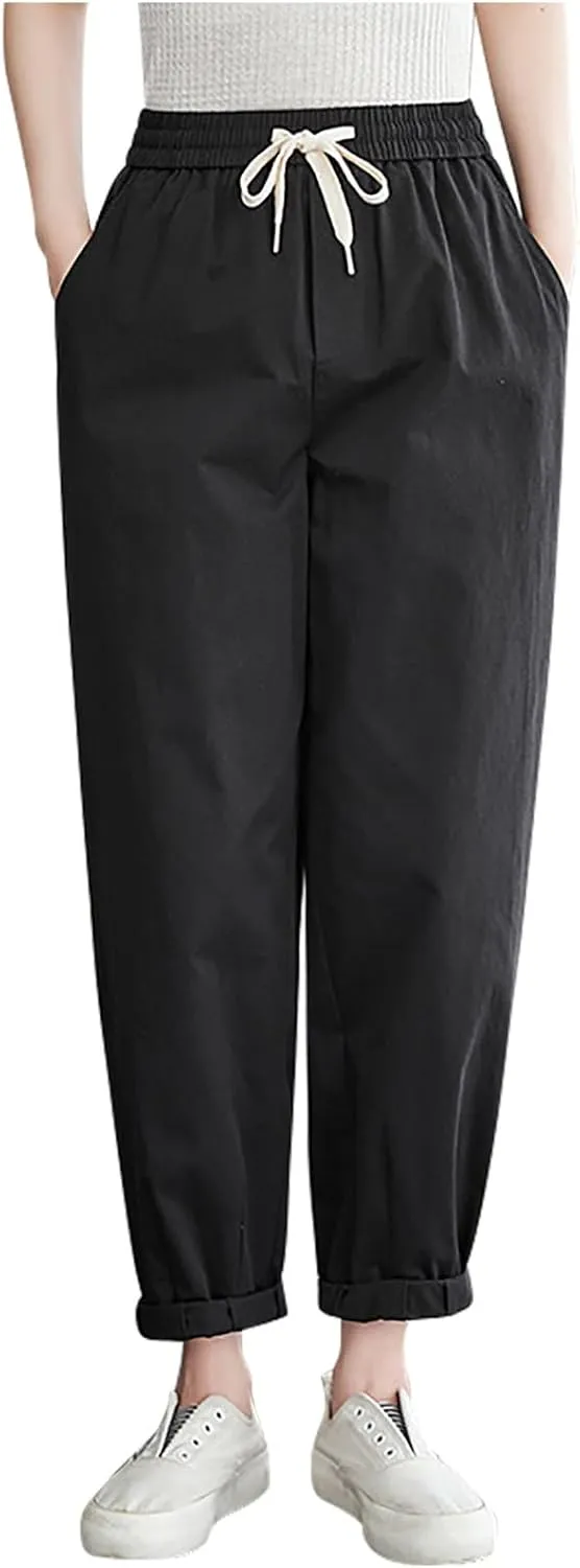 Womens Trendy Linen Pants 2025 Summer Elastic High Waist Pants Lightweight Casual Drawstring Beach Lounge Trousers