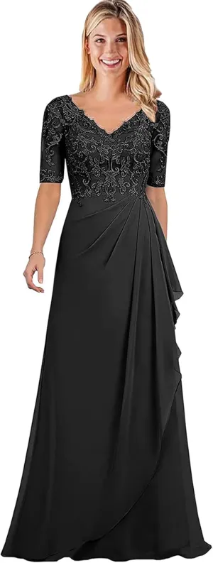 Women's V-Neck Chiffon Mother of The Bride Dresses Lace Long Ruffle Prom Dress with Half Sleeve Formal Evening Party Gowns