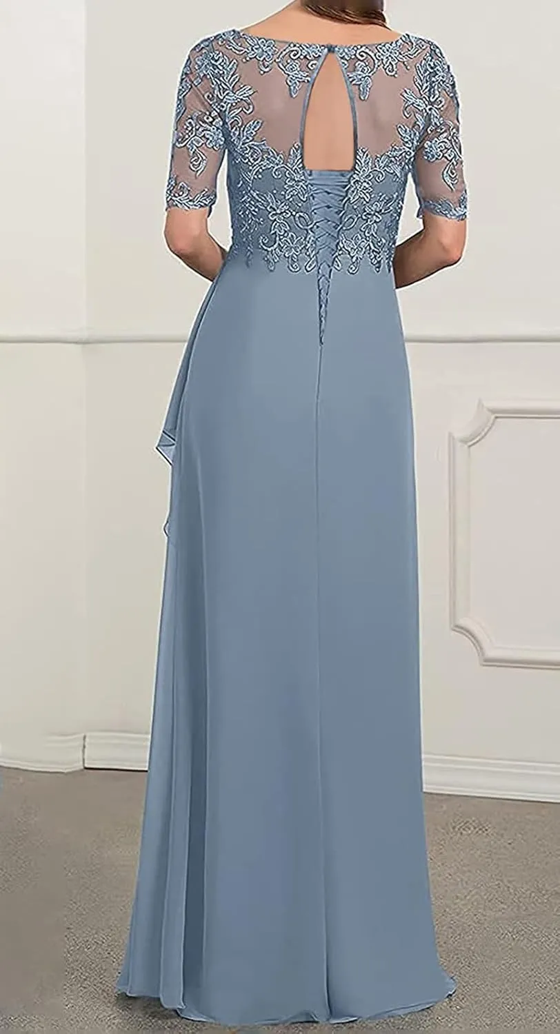 Women's V-Neck Chiffon Mother of The Bride Dresses Lace Long Ruffle Prom Dress with Half Sleeve Formal Evening Party Gowns