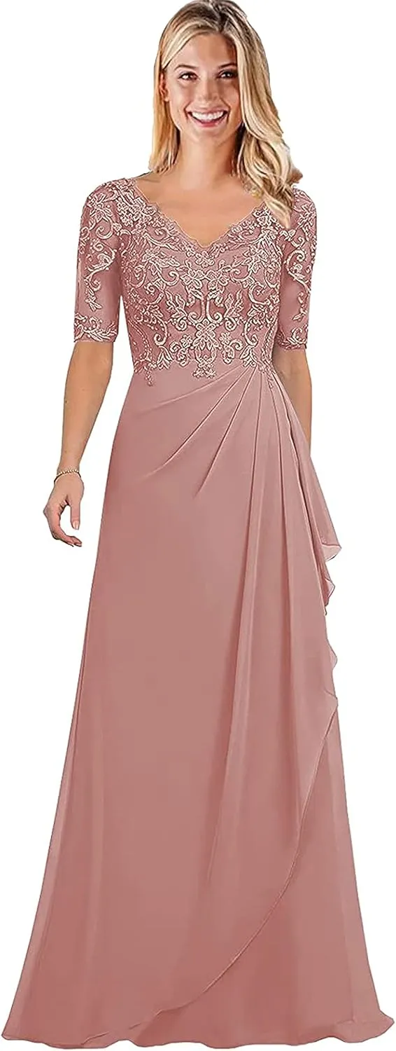 Women's V-Neck Chiffon Mother of The Bride Dresses Lace Long Ruffle Prom Dress with Half Sleeve Formal Evening Party Gowns