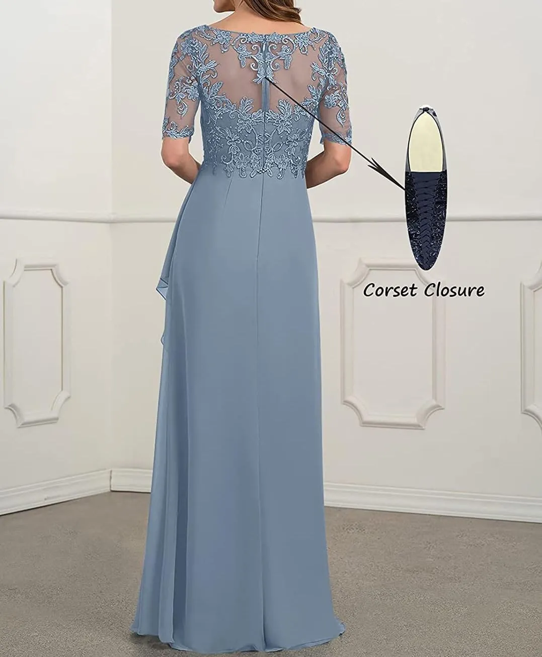 Women's V-Neck Chiffon Mother of The Bride Dresses Lace Long Ruffle Prom Dress with Half Sleeve Formal Evening Party Gowns