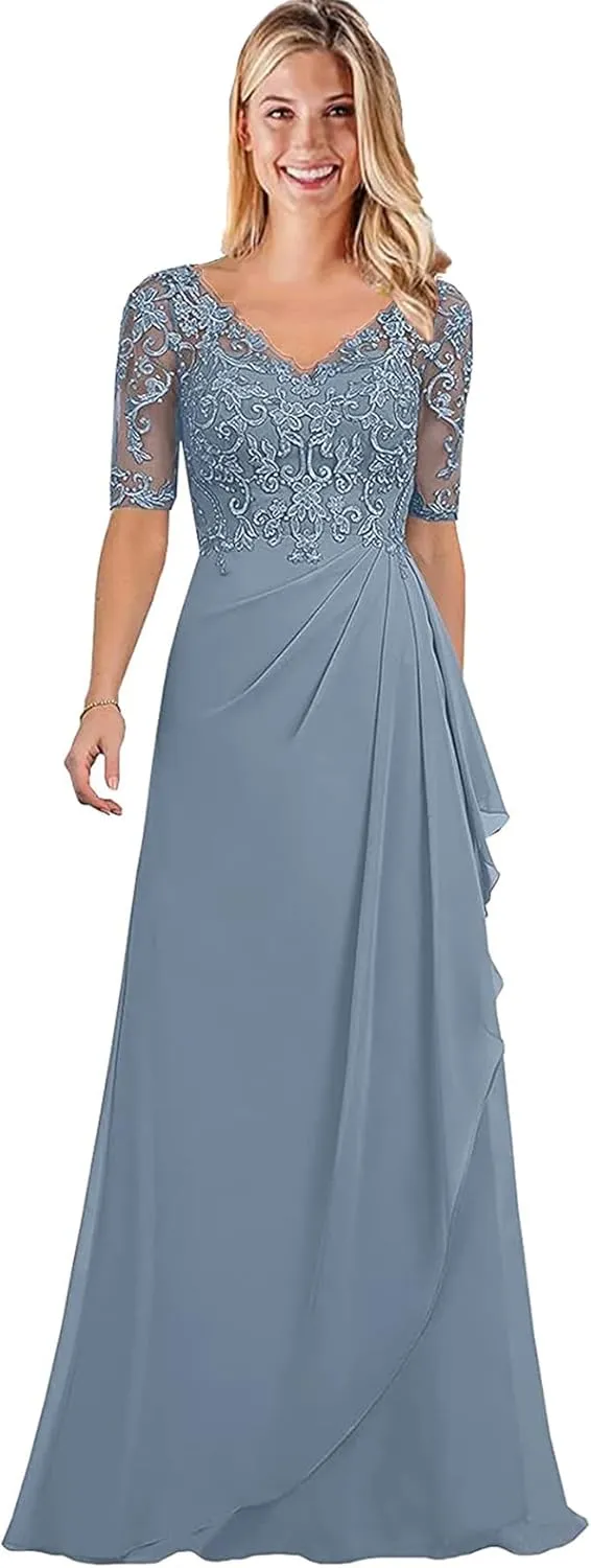 Women's V-Neck Chiffon Mother of The Bride Dresses Lace Long Ruffle Prom Dress with Half Sleeve Formal Evening Party Gowns