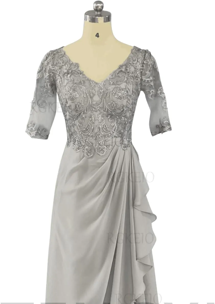 Women's V-Neck Chiffon Mother of The Bride Dresses Lace Long Ruffle Prom Dress with Half Sleeve Formal Evening Party Gowns