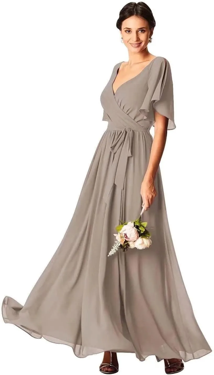 Womens V Neck Ruffle Bridesmaid Chiffon Prom Dress Mother of The Bride Dresses A-line Formal Evening Party Gown