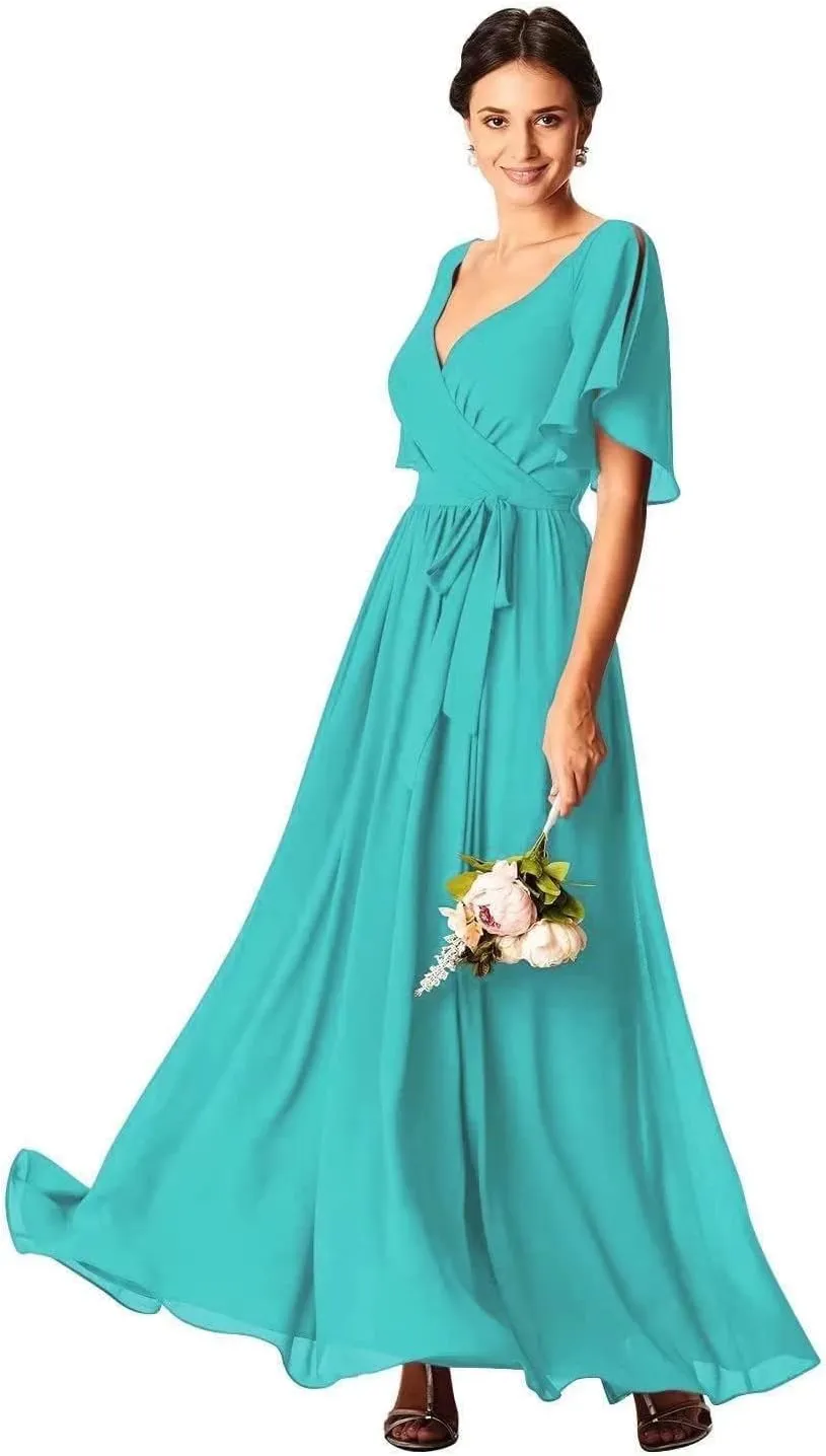 Womens V Neck Ruffle Bridesmaid Chiffon Prom Dress Mother of The Bride Dresses A-line Formal Evening Party Gown