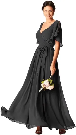 Womens V Neck Ruffle Bridesmaid Chiffon Prom Dress Mother of The Bride Dresses A-line Formal Evening Party Gown