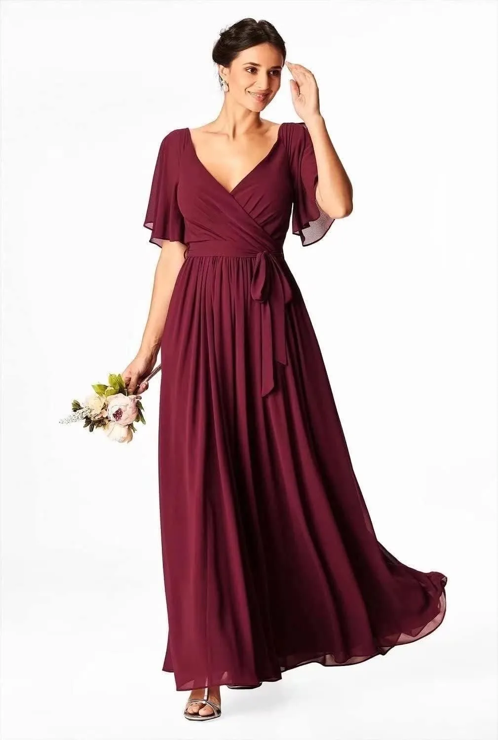 Womens V Neck Ruffle Bridesmaid Chiffon Prom Dress Mother of The Bride Dresses A-line Formal Evening Party Gown