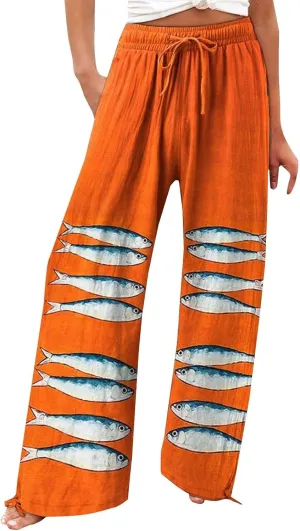 Women's Vintage Art Print Cotton and Linen Casual Pants Casual Wide Leg Trousers Womens Plus Womens