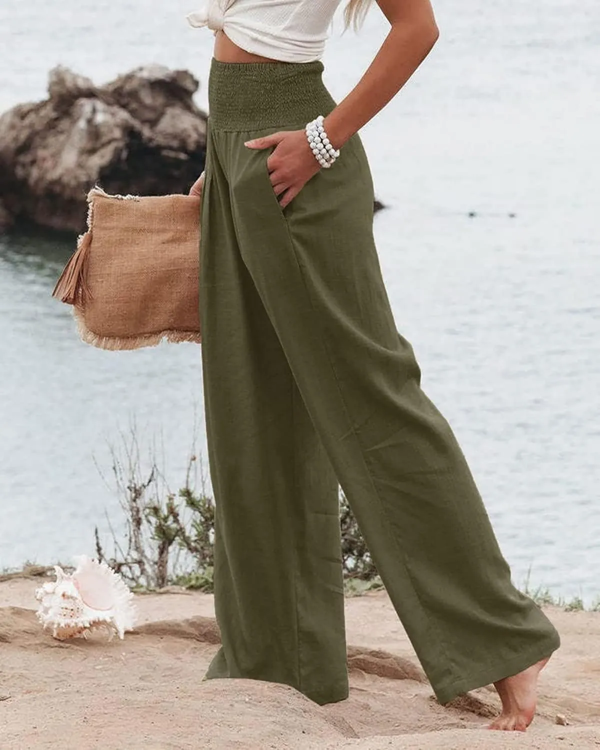 Women's Waist Wide Leg Loose Cotton Linen Palazzo Pants High Waisted Trousers Casual Flowy Pants with Pockets