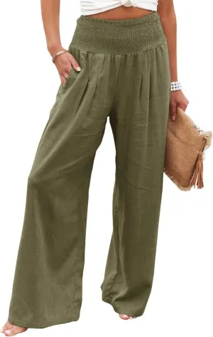 Women's Waist Wide Leg Loose Cotton Linen Palazzo Pants High Waisted Trousers Casual Flowy Pants with Pockets