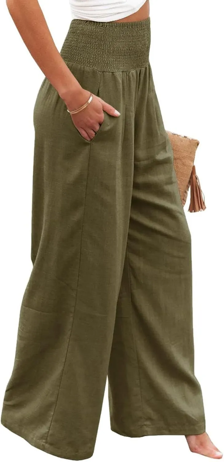 Women's Waist Wide Leg Loose Cotton Linen Palazzo Pants High Waisted Trousers Casual Flowy Pants with Pockets