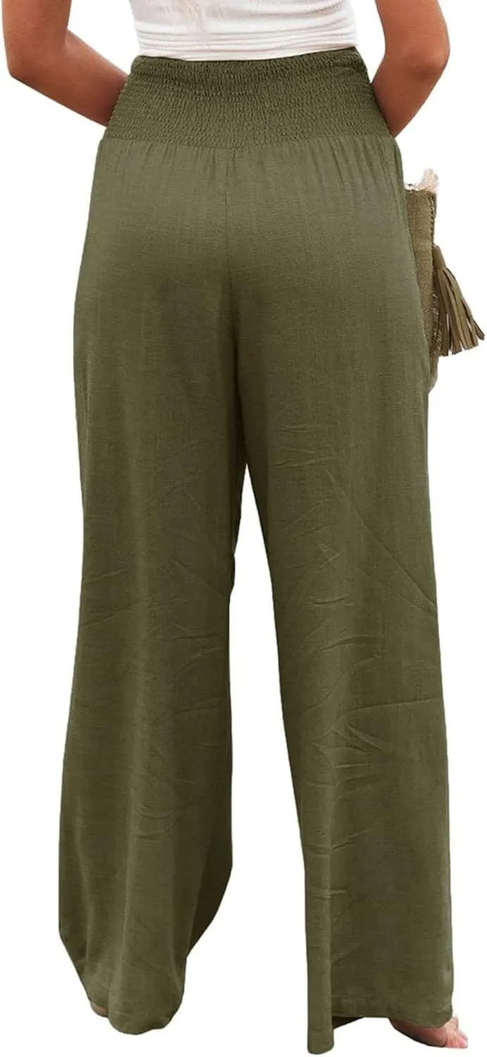 Women's Waist Wide Leg Loose Cotton Linen Palazzo Pants High Waisted Trousers Casual Flowy Pants with Pockets