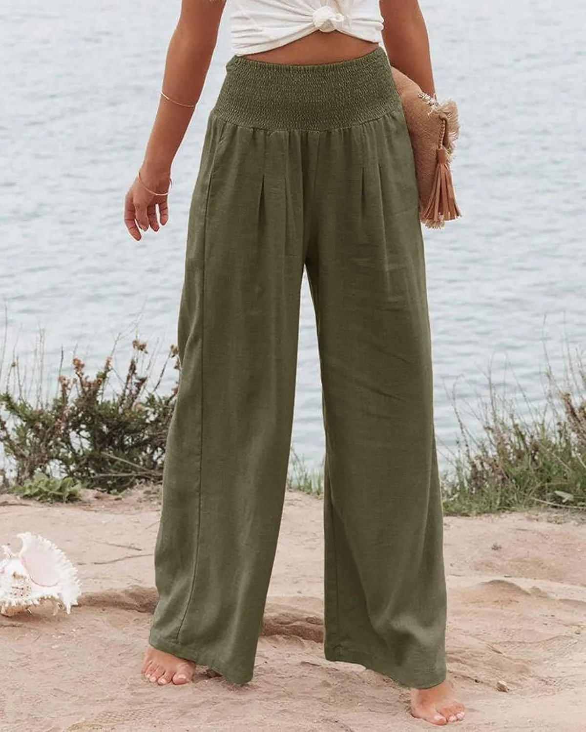 Women's Waist Wide Leg Loose Cotton Linen Palazzo Pants High Waisted Trousers Casual Flowy Pants with Pockets
