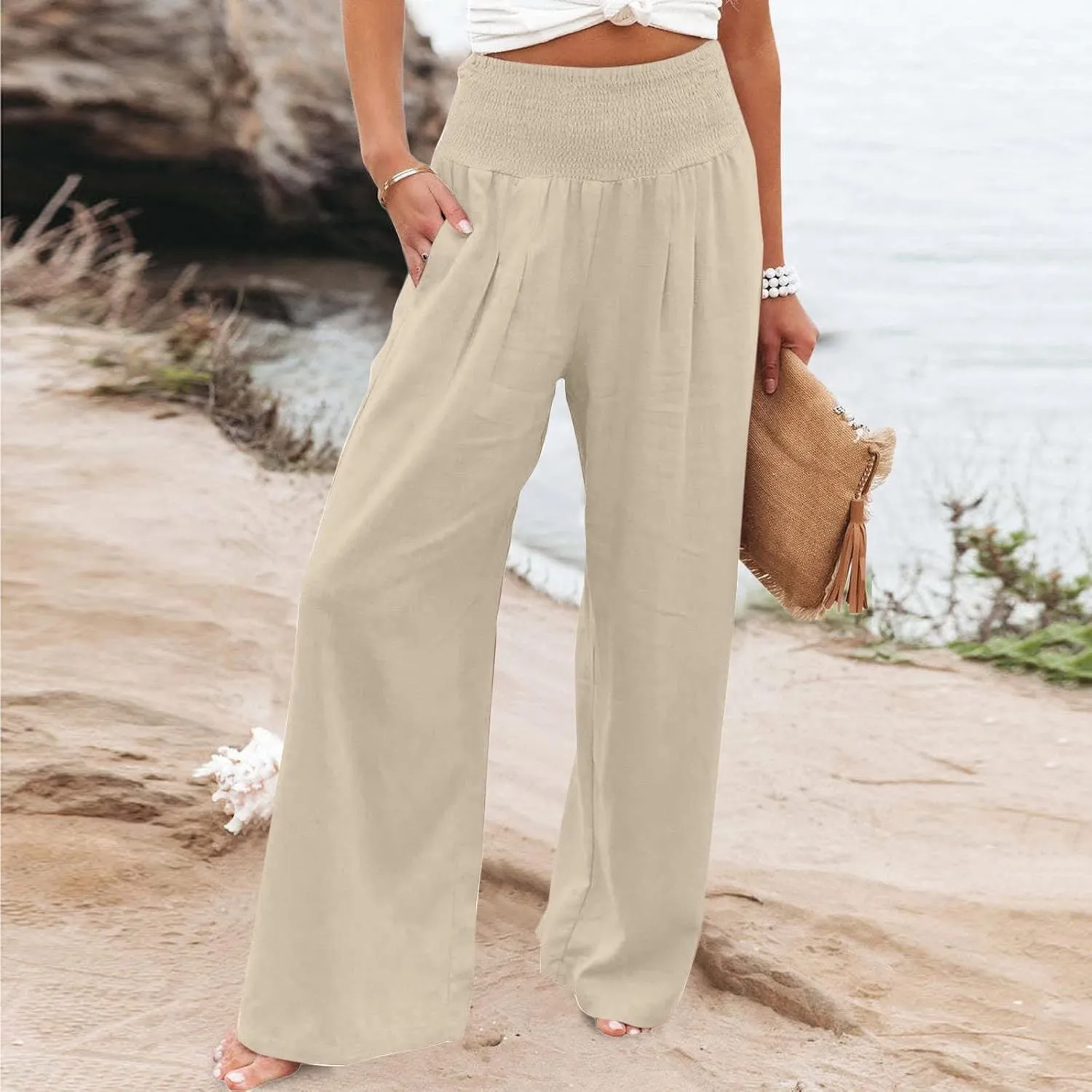 Womens Wide Leg Pants Elastic High Waist Sweatpants Casual Solid Trousers Summer Lounge Straight Pants with Pockets