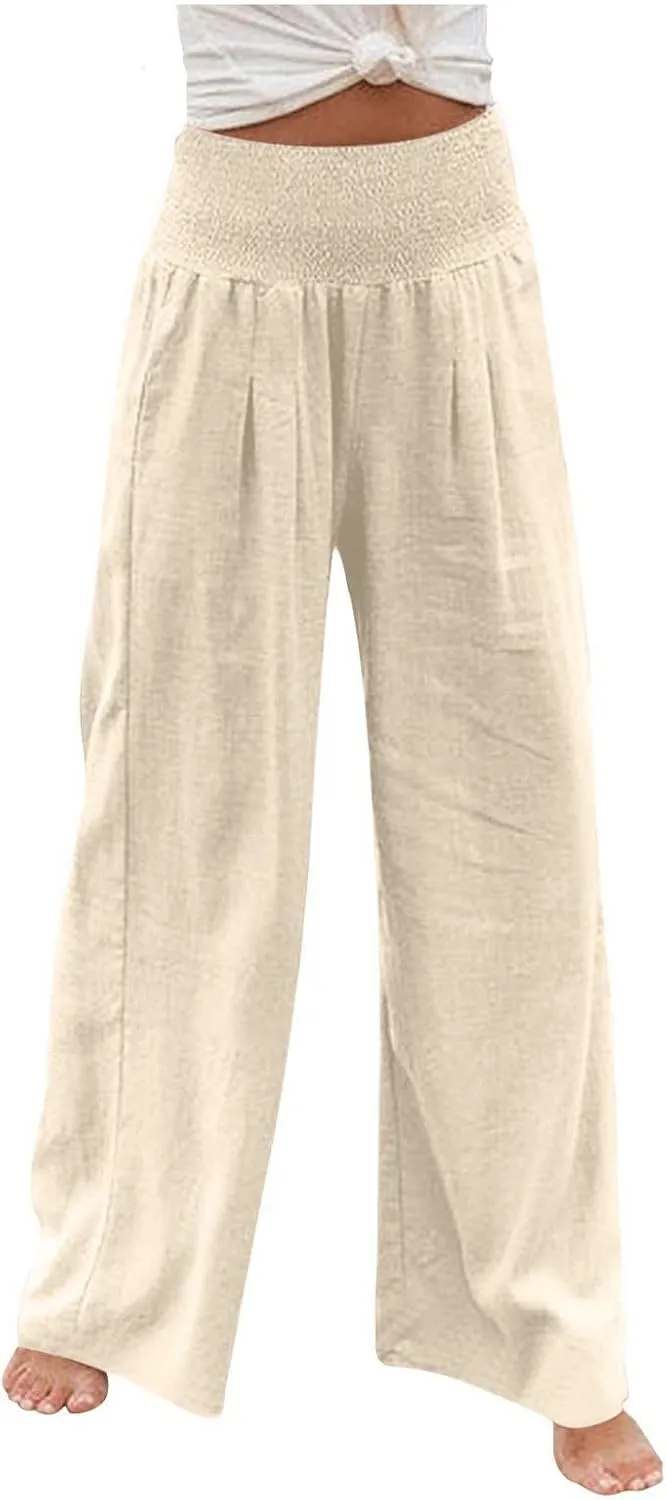 Womens Wide Leg Pants Elastic High Waist Sweatpants Casual Solid Trousers Summer Lounge Straight Pants with Pockets