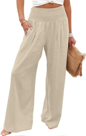 Womens Wide Leg Pants Elastic High Waist Sweatpants Casual Solid Trousers Summer Lounge Straight Pants with Pockets