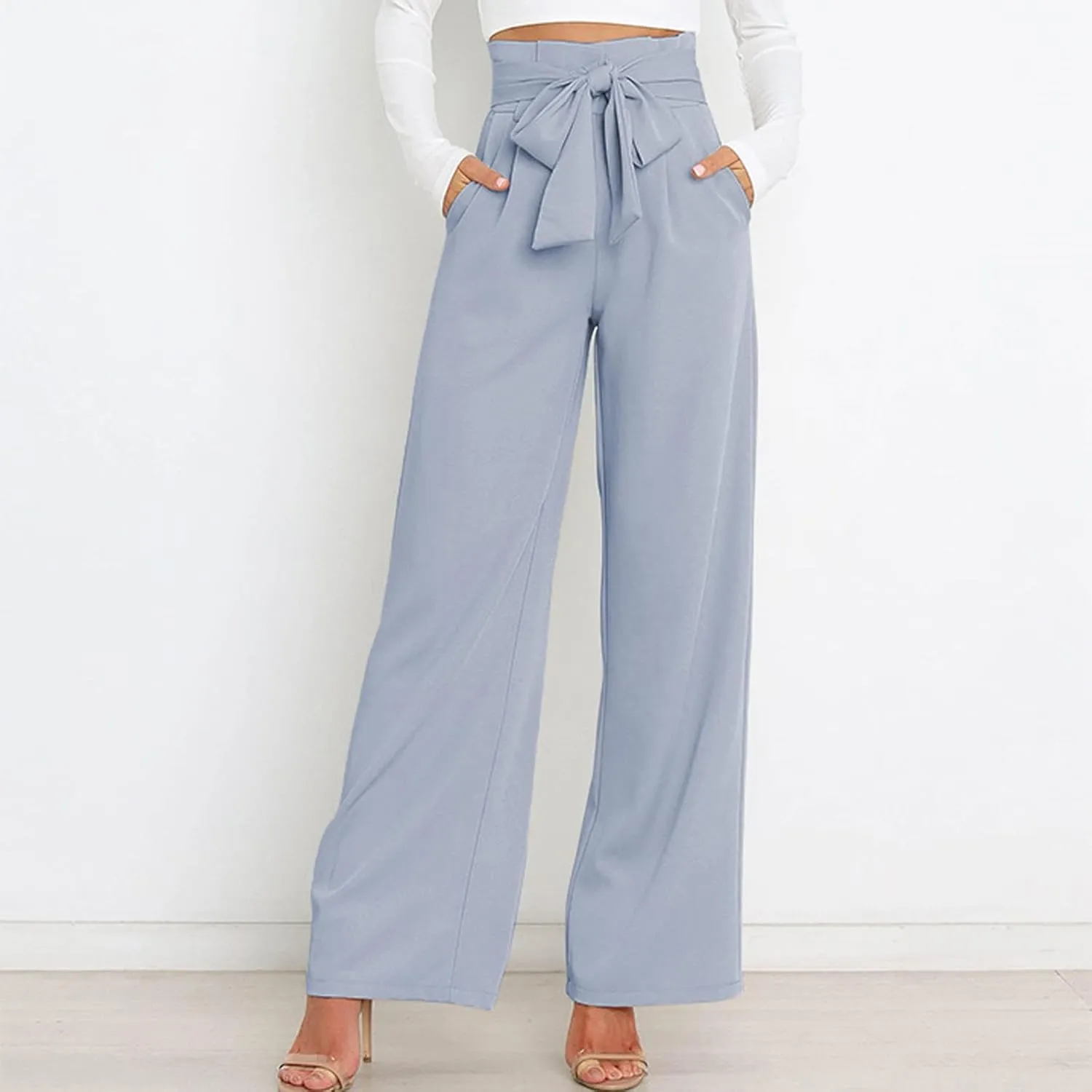 Women's Wide Leg Pants High Elastic Waisted in The Back Business Work Trousers Long Straight Suit Pants