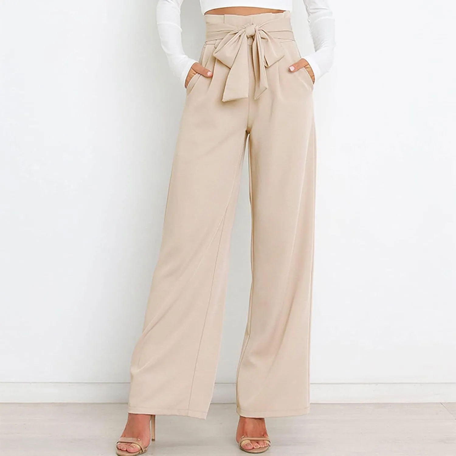 Women's Wide Leg Pants High Elastic Waisted in The Back Business Work Trousers Long Straight Suit Pants