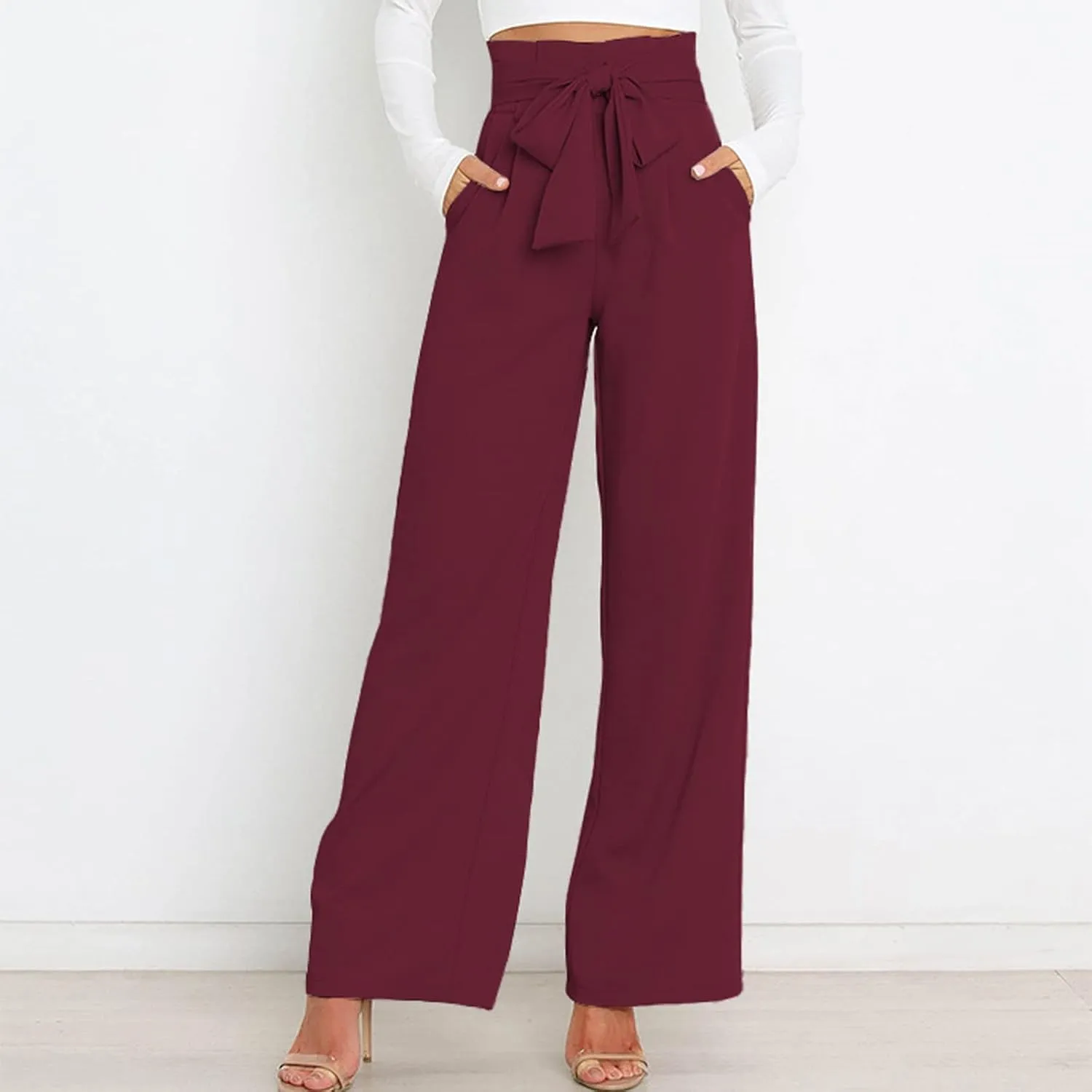 Women's Wide Leg Pants High Elastic Waisted in The Back Business Work Trousers Long Straight Suit Pants