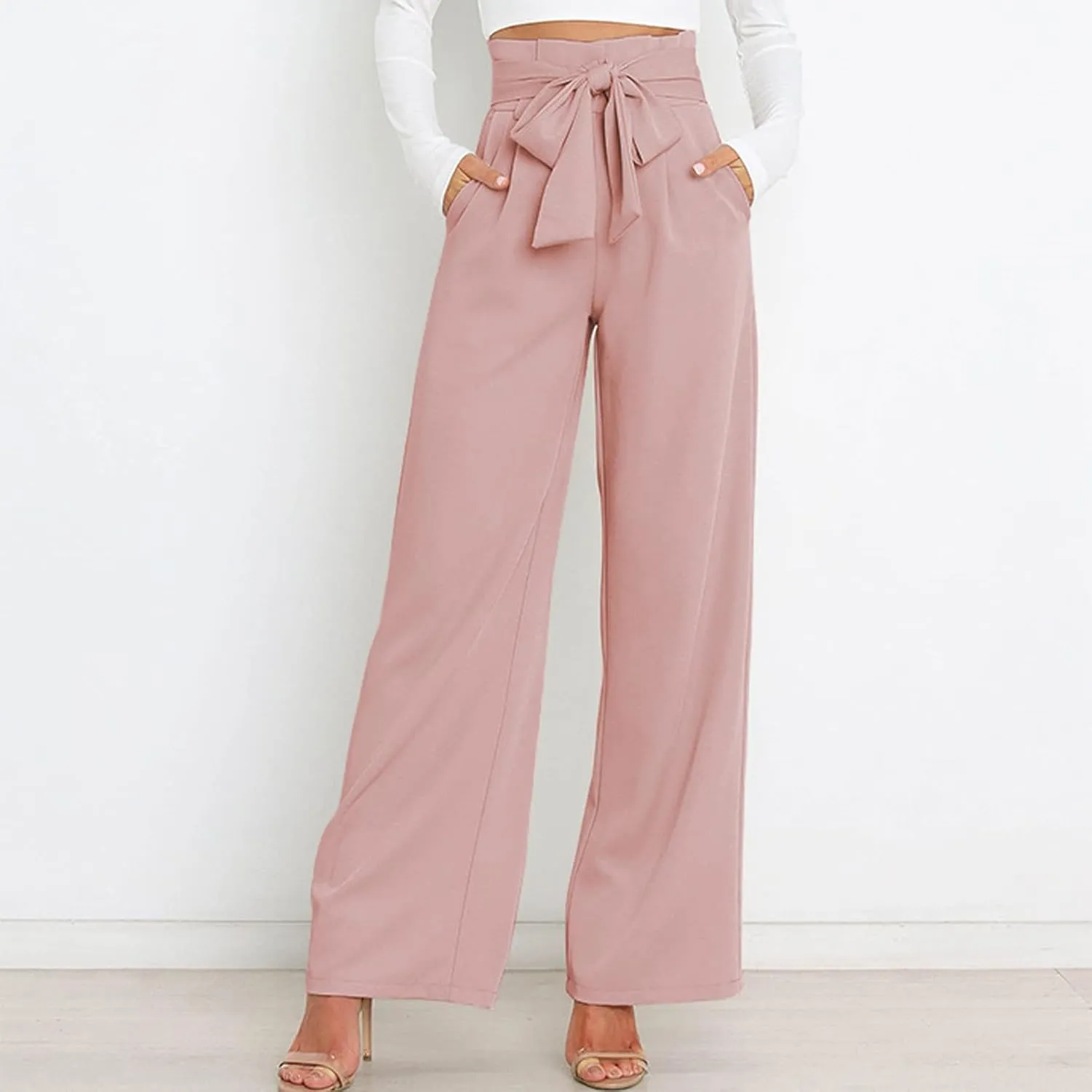 Women's Wide Leg Pants High Elastic Waisted in The Back Business Work Trousers Long Straight Suit Pants