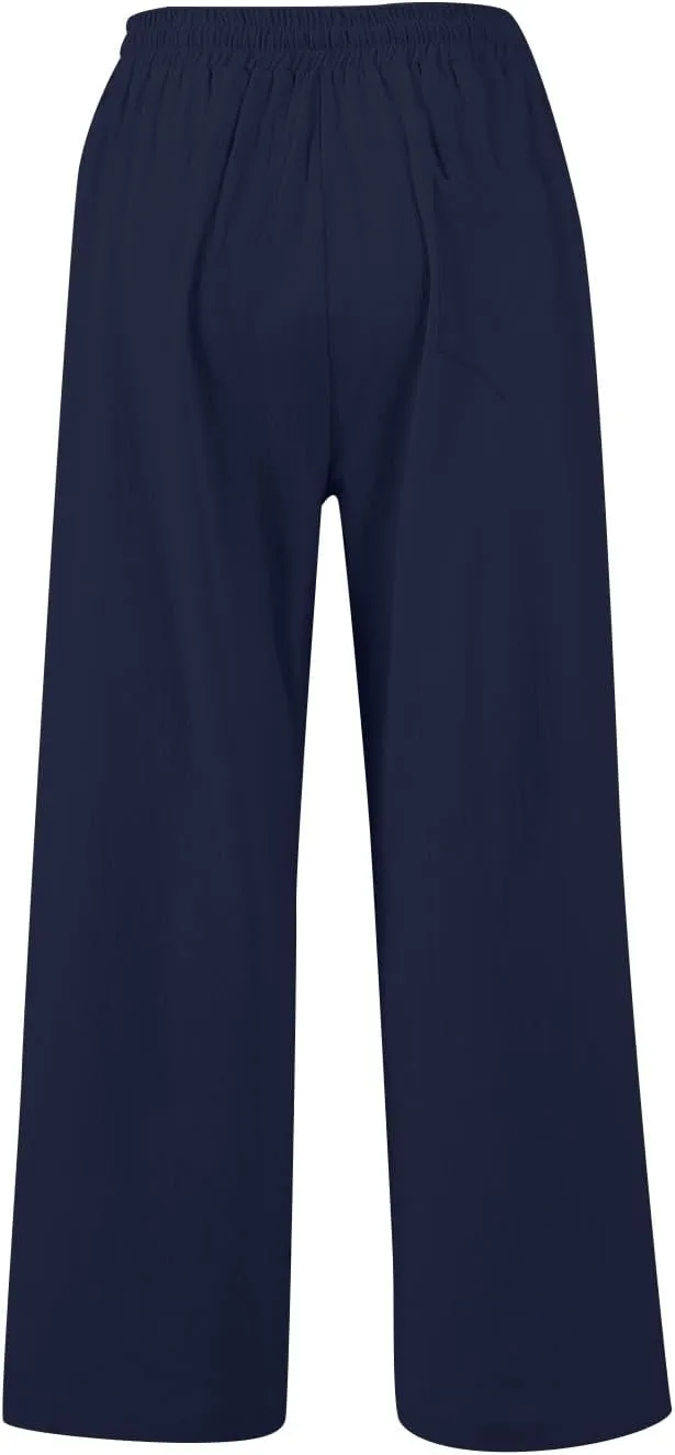 Womens Wide Leg Pants Linen 2025 Beach Summer Drawstring Elastic Waist Pants High Rise with Pocket Comfy Solid Trouser