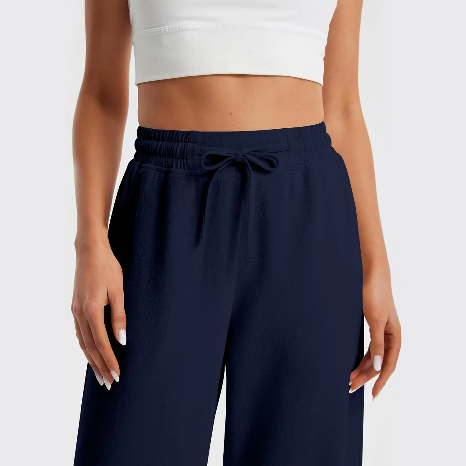 Womens Wide Leg Pants Linen 2025 Beach Summer Drawstring Elastic Waist Pants High Rise with Pocket Comfy Solid Trouser