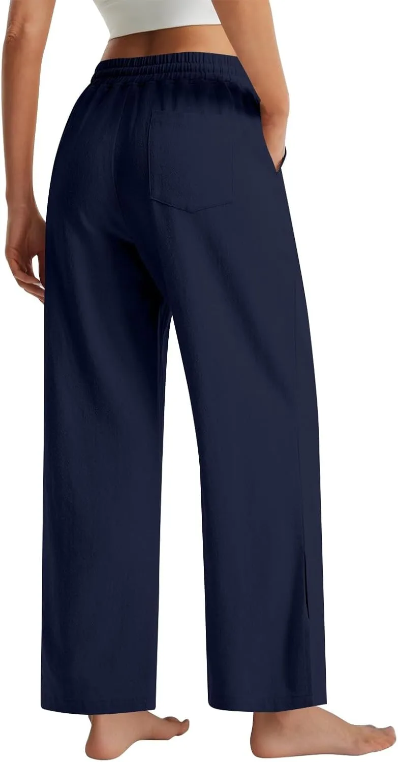 Womens Wide Leg Pants Linen 2025 Beach Summer Drawstring Elastic Waist Pants High Rise with Pocket Comfy Solid Trouser