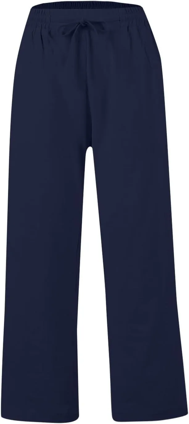 Womens Wide Leg Pants Linen 2025 Beach Summer Drawstring Elastic Waist Pants High Rise with Pocket Comfy Solid Trouser