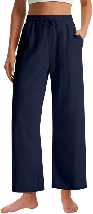 Womens Wide Leg Pants Linen 2025 Beach Summer Drawstring Elastic Waist Pants High Rise with Pocket Comfy Solid Trouser