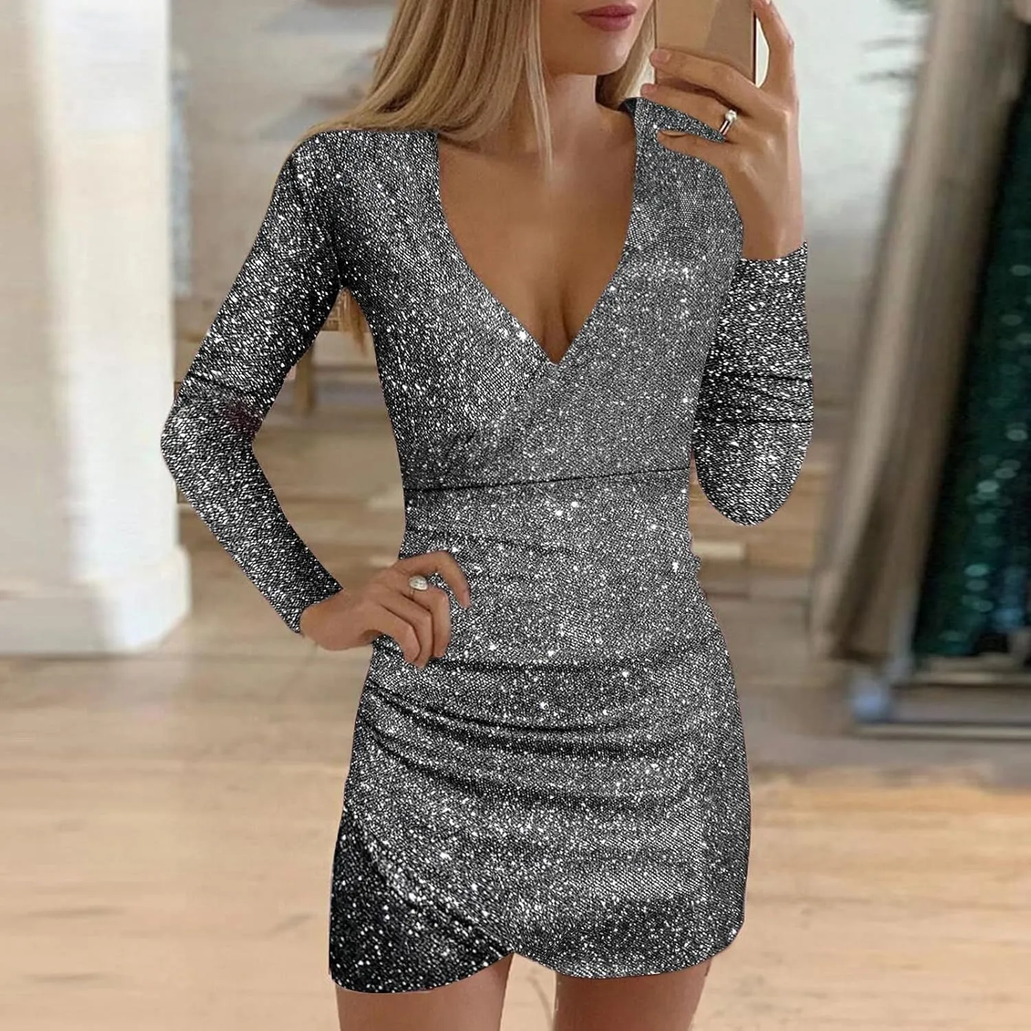 WYTong Womens Sparkly Mini Dress Wrap V Neck New Years Eve Sparkly Dresses Elegant Bodycon Long Sleeve Club Party Dress