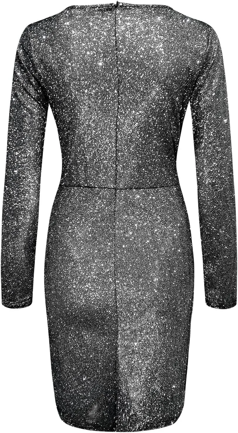 WYTong Womens Sparkly Mini Dress Wrap V Neck New Years Eve Sparkly Dresses Elegant Bodycon Long Sleeve Club Party Dress