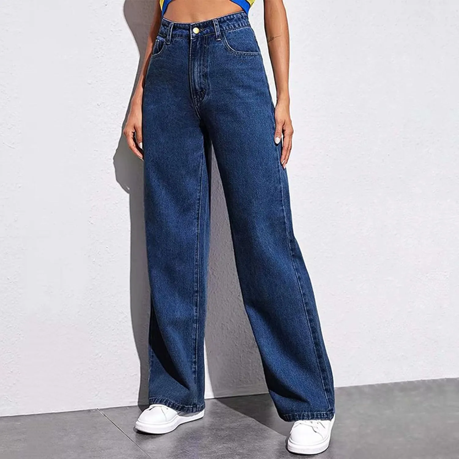 XOWRTE Women's High Waisted Wide Leg Jeans Slimming Drag Straight Leg with Vintage American Drop Pants Denim