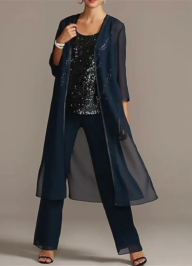 YAUTKA 3 Pcs Pant Suits for Wedding 3/4 Long Sleeve Sparkly Sequin Chiffon Formal Outfits for Women 2024 with Jackets