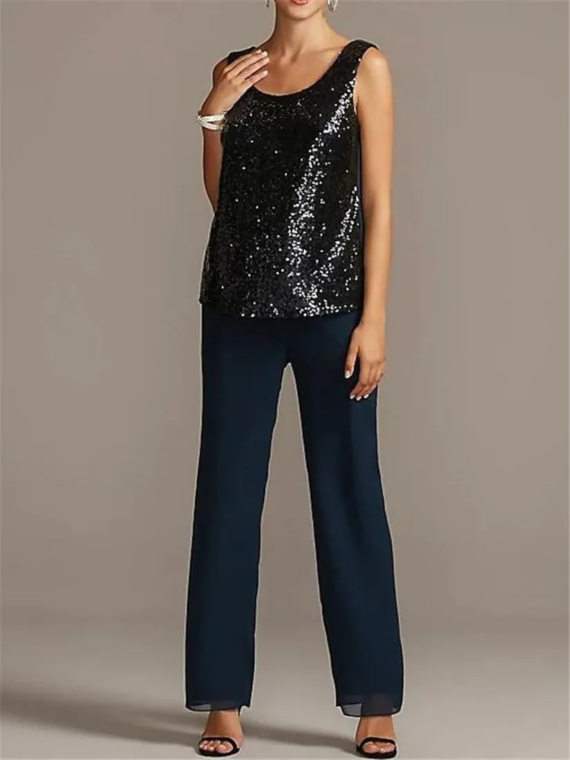 YAUTKA 3 Pcs Pant Suits for Wedding 3/4 Long Sleeve Sparkly Sequin Chiffon Formal Outfits for Women 2024 with Jackets