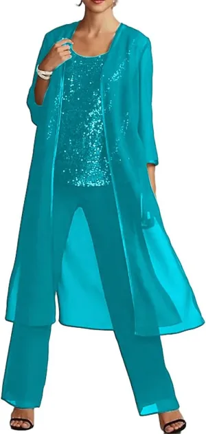 YAUTKA 3 Pcs Pant Suits for Wedding 3/4 Long Sleeve Sparkly Sequin Chiffon Formal Outfits for Women 2024 with Jackets