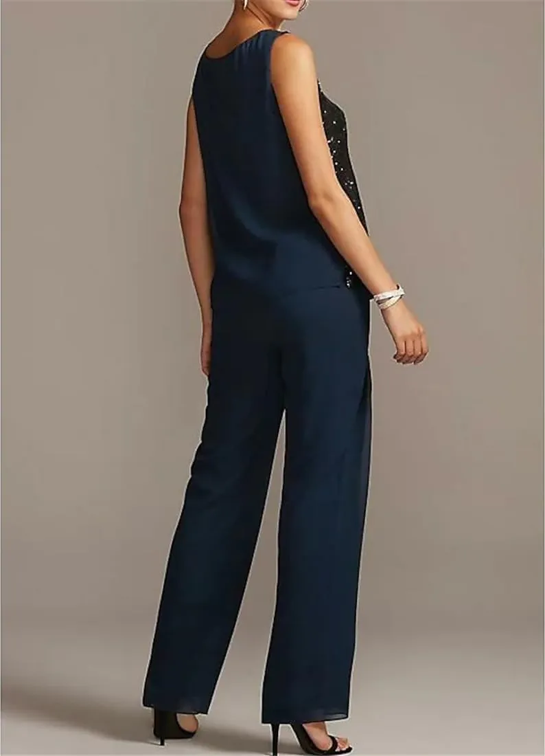 YAUTKA 3 Pcs Pant Suits for Wedding 3/4 Long Sleeve Sparkly Sequin Chiffon Formal Outfits for Women 2024 with Jackets
