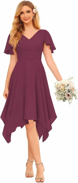 YOFF 2025 Casual Formal Drsess Flutter Short Sleeve V Neck Pleated Chiffon Midi Bridesmaid Wedding Guest Dresses YO110