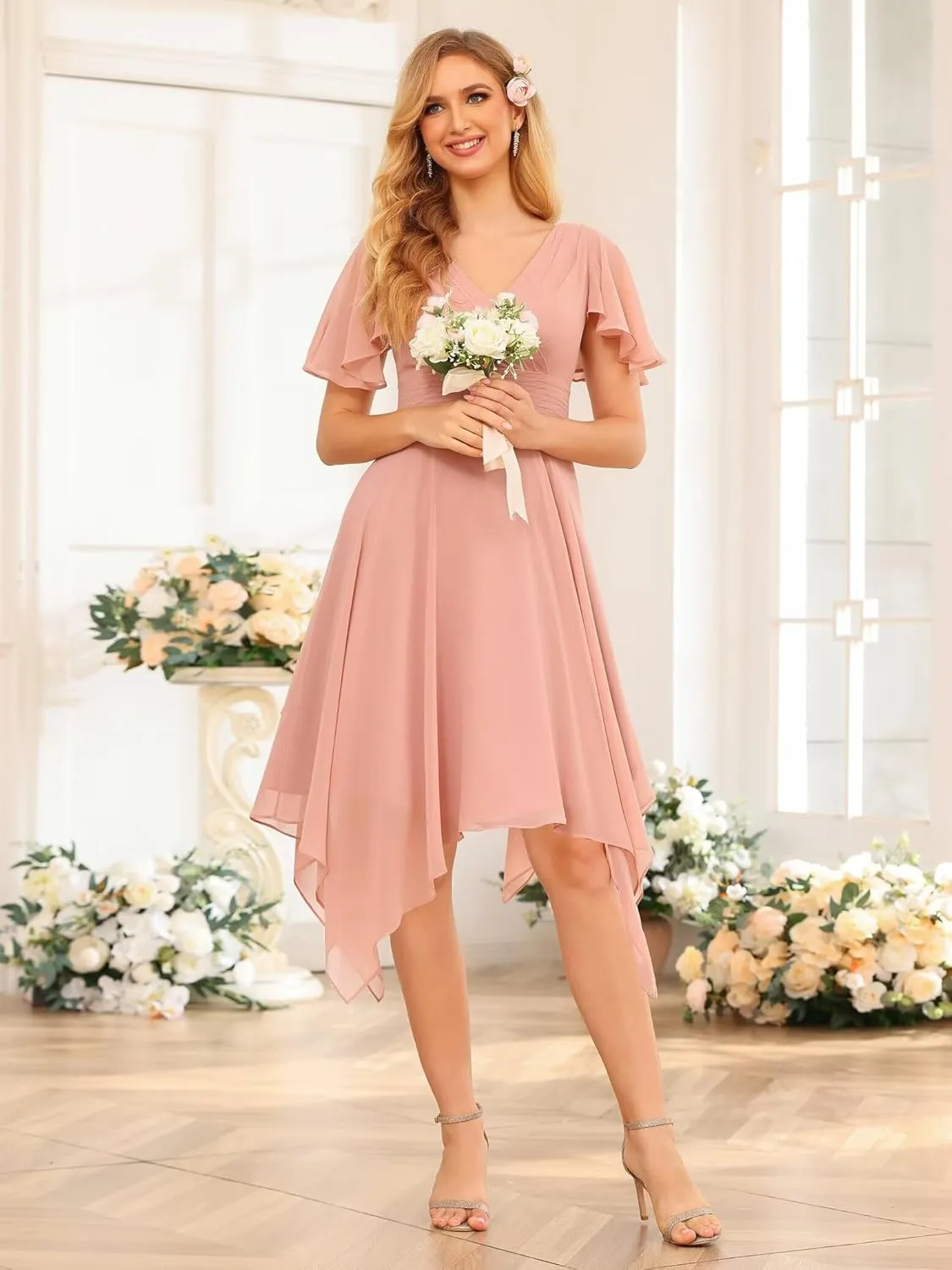 YOFF 2025 Casual Formal Drsess Flutter Short Sleeve V Neck Pleated Chiffon Midi Bridesmaid Wedding Guest Dresses YO110