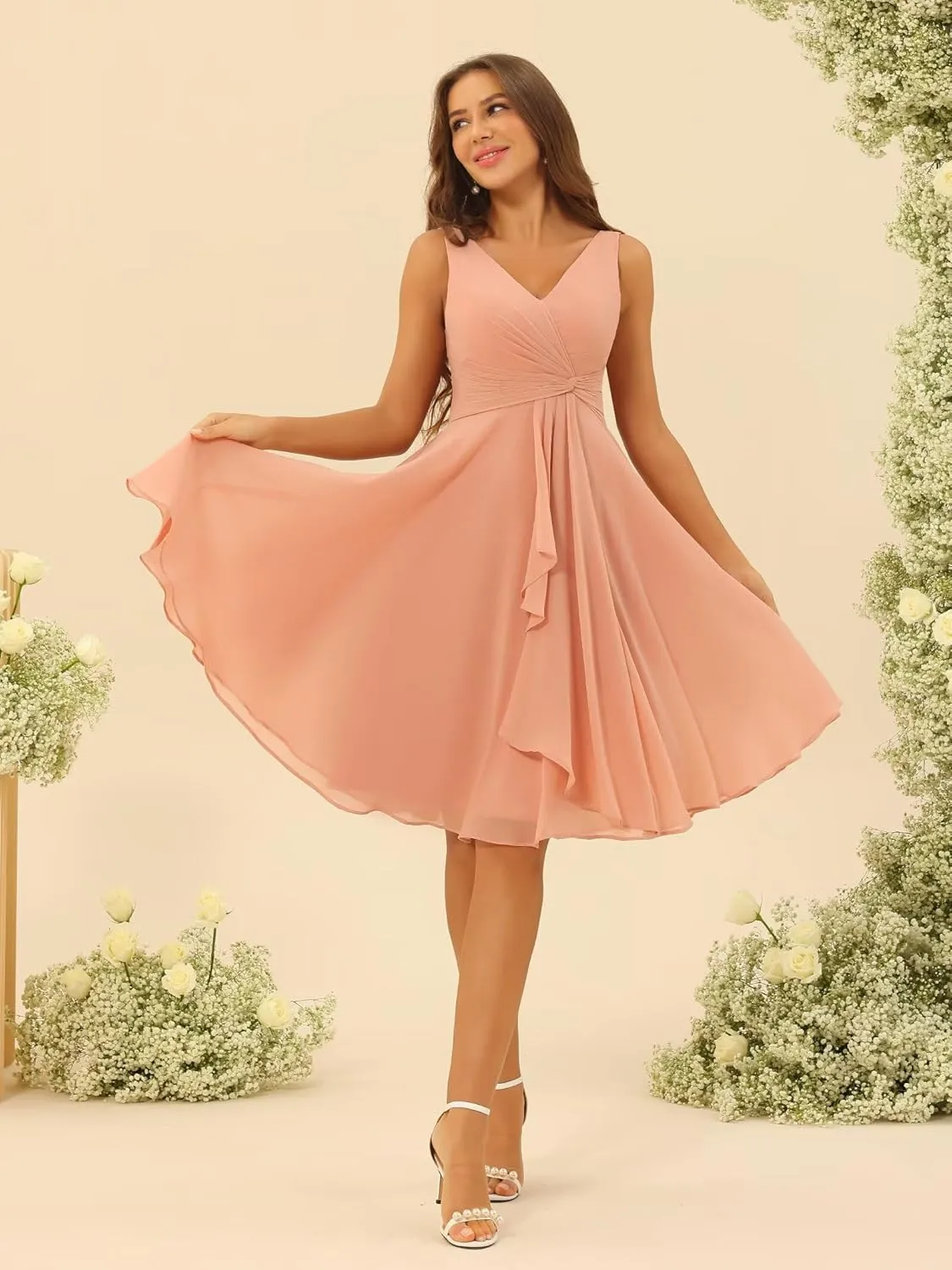 YOFF Double V Neck Bridesmaid Dresses 2025 Casual Formal Drsess Pleated Chiffon Midi Wedding Guest Dresses YO229