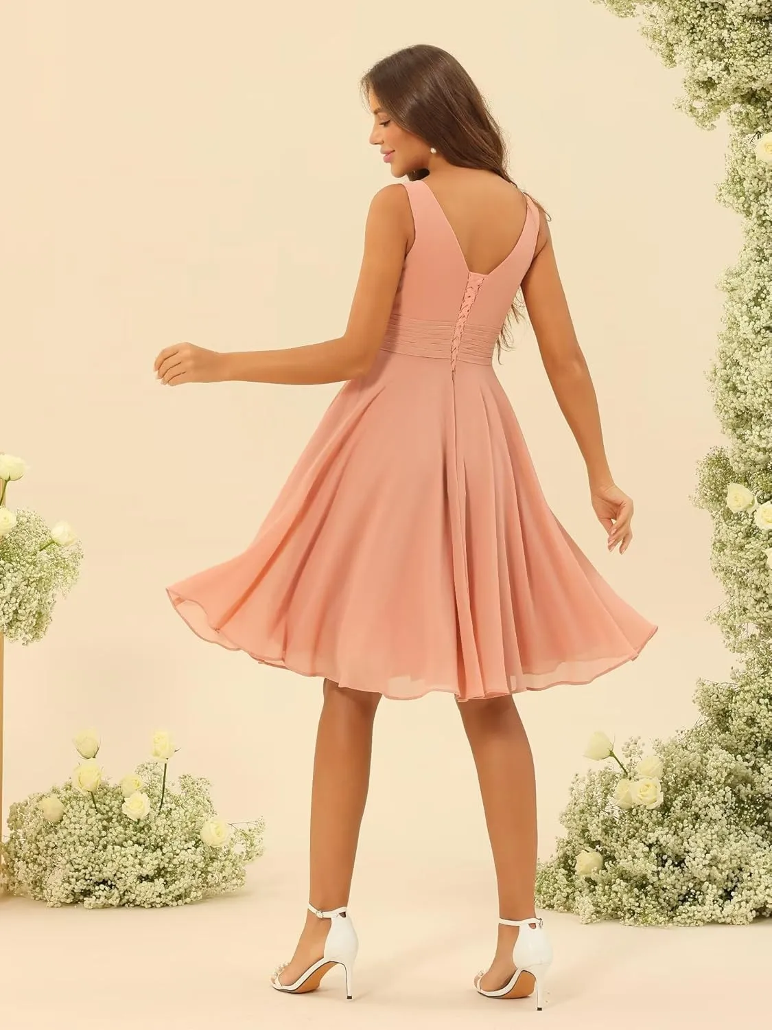 YOFF Double V Neck Bridesmaid Dresses 2025 Casual Formal Drsess Pleated Chiffon Midi Wedding Guest Dresses YO229