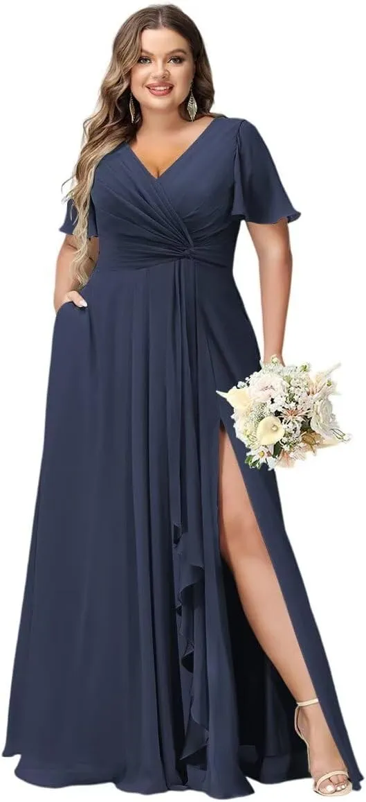 YOFF Flutter Sleeves Long Bridesmaid Dress with Pockets Ruched Chiffon Long A-Line Formal Party Dresses with Slit YO063