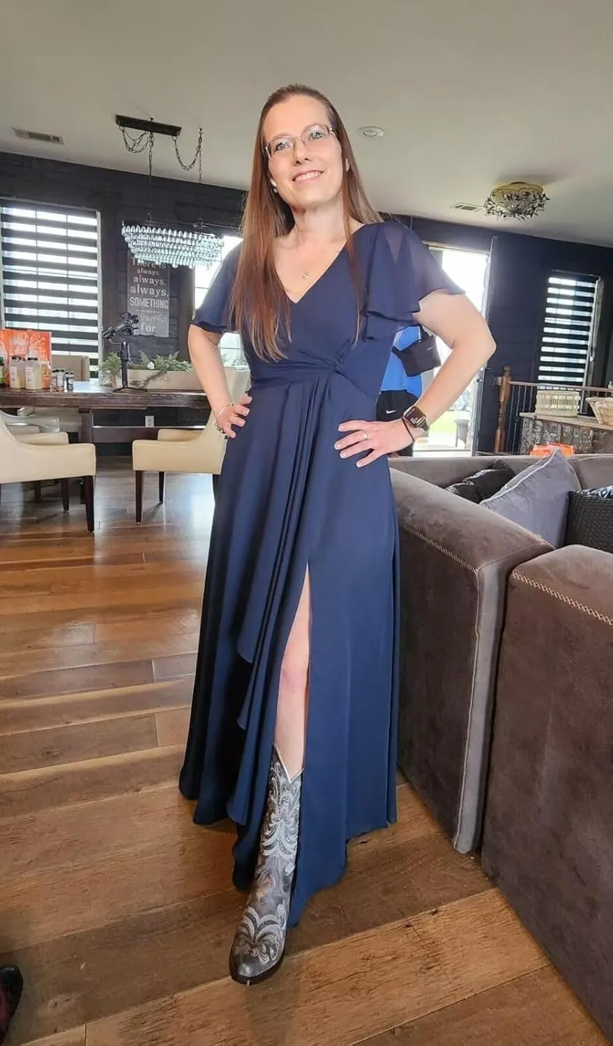 YOFF Flutter Sleeves Long Bridesmaid Dress with Pockets Ruched Chiffon Long A-Line Formal Party Dresses with Slit YO063
