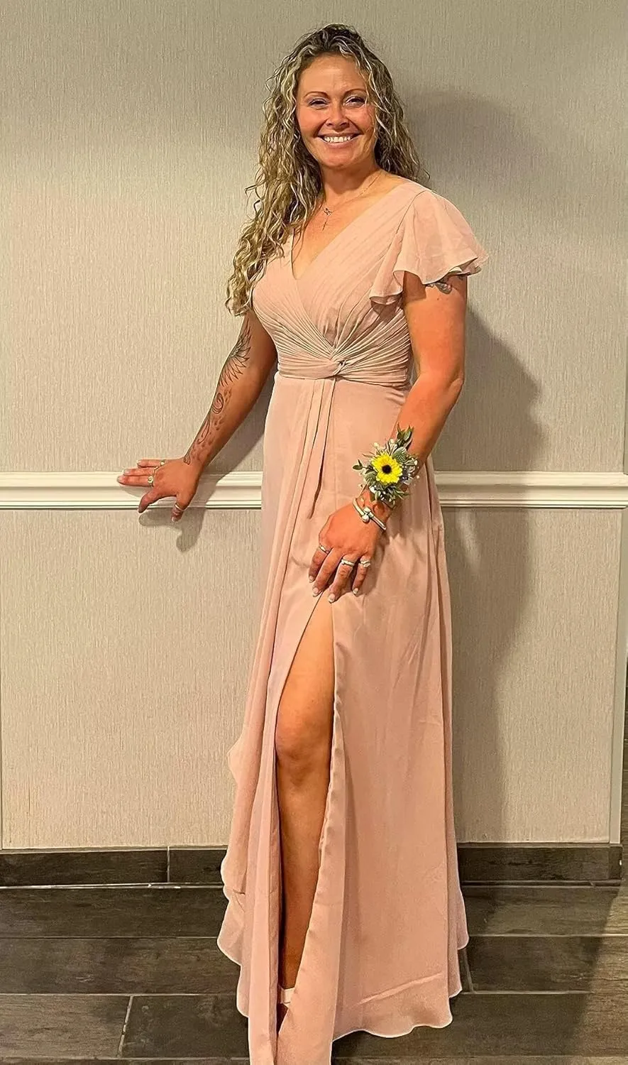 YOFF Flutter Sleeves Long Bridesmaid Dress with Pockets Ruched Chiffon Long A-Line Formal Party Dresses with Slit YO063