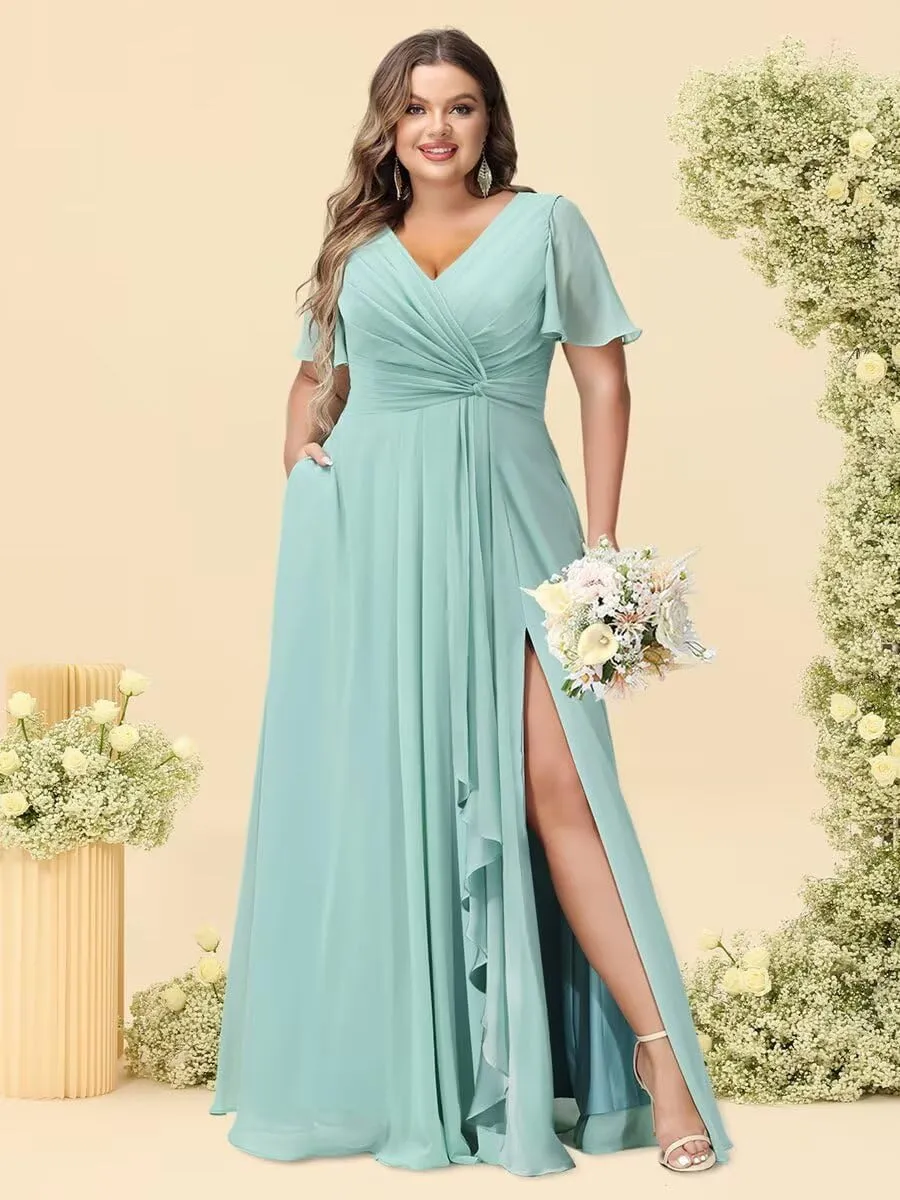 YOFF Flutter Sleeves Long Bridesmaid Dress with Pockets Ruched Chiffon Long A-Line Formal Party Dresses with Slit YO063