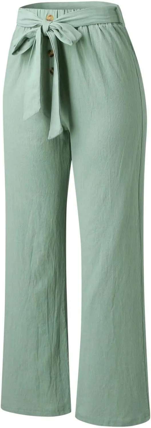 YOLAI Womens Button Down Cotton Linen Pant High Waist Casual Business Work Trousers Summer Lightweight Wide Leg Trousers
