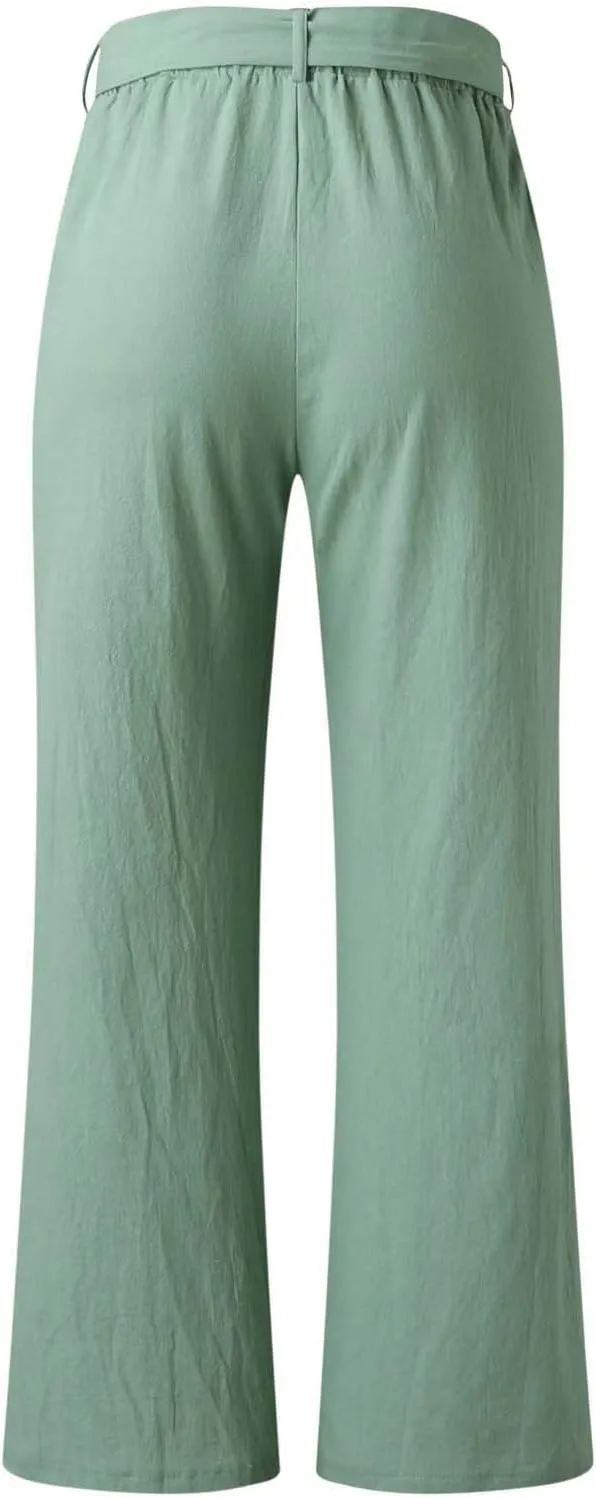 YOLAI Womens Button Down Cotton Linen Pant High Waist Casual Business Work Trousers Summer Lightweight Wide Leg Trousers