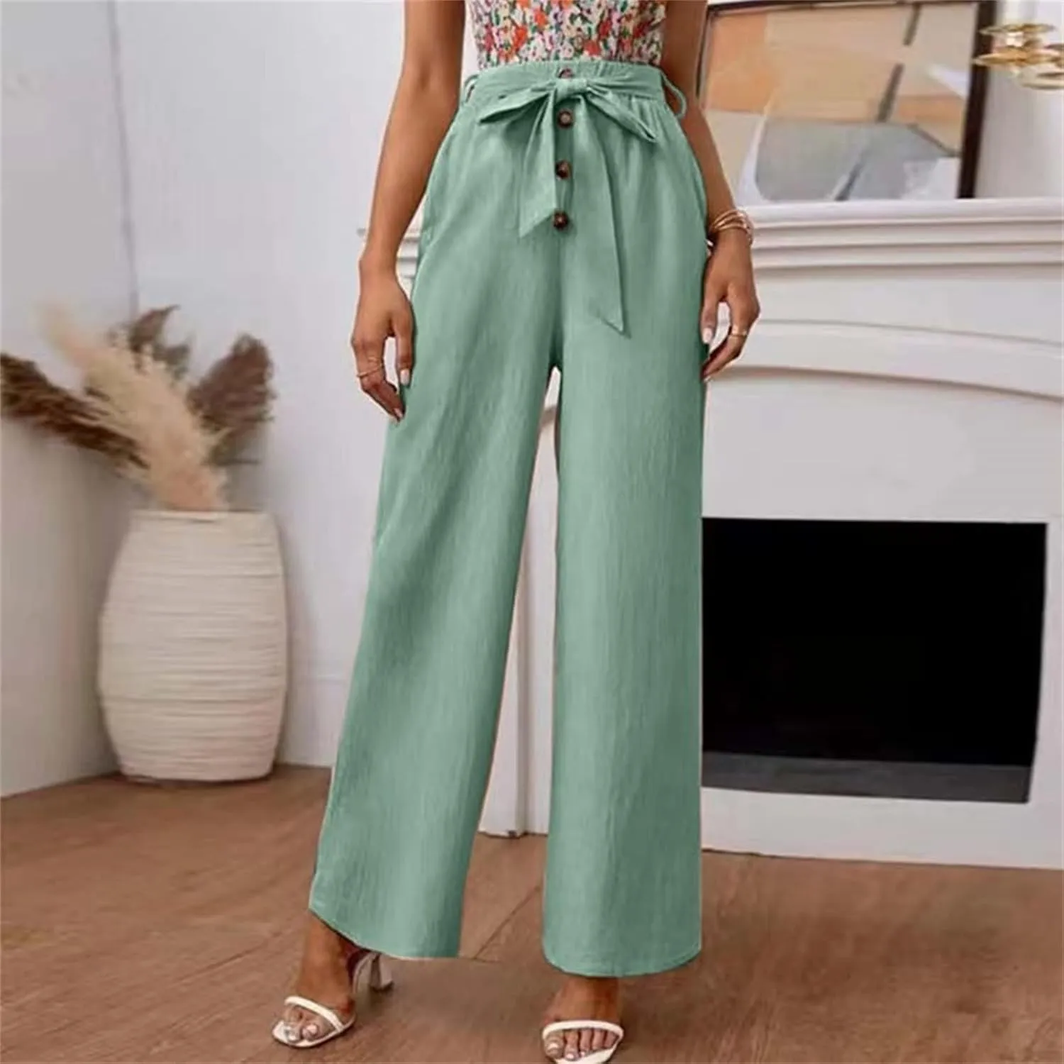 YOLAI Womens Button Down Cotton Linen Pant High Waist Casual Business Work Trousers Summer Lightweight Wide Leg Trousers