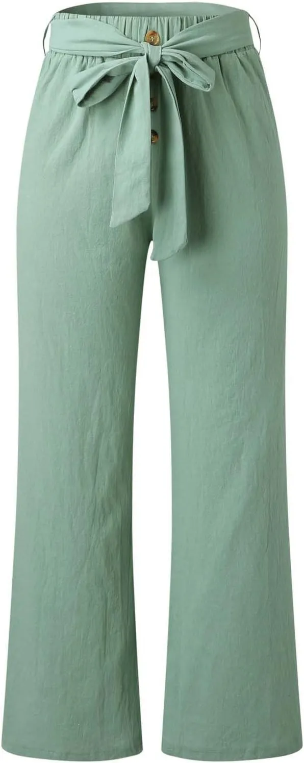 YOLAI Womens Button Down Cotton Linen Pant High Waist Casual Business Work Trousers Summer Lightweight Wide Leg Trousers